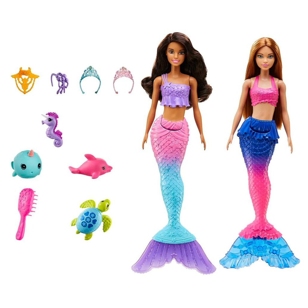 Barbie® Mermaid Set with 2 Brunette Dolls (12-in/30.40-cm), Colorful Mermaid Clothes, 4 Sea Pet Toys, 2 Tiaras, Headband, Necklace & Brush, Toy Gift for Ages 3 Years Old & , HBW89