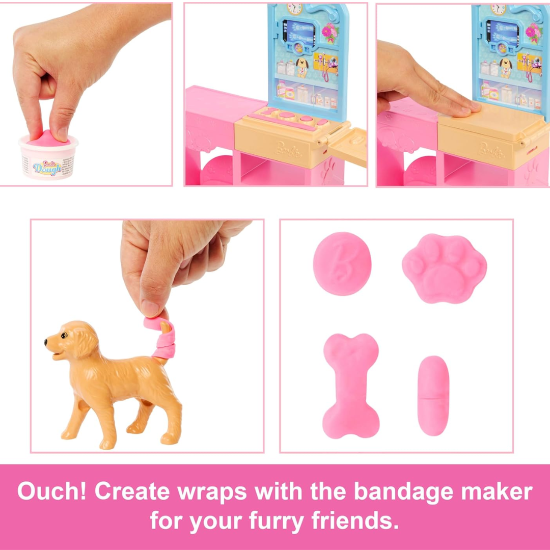 Barbie Fast Cast Veterinarian Clinic Playset with Pink Colored Hair Fashion Doll, Vet Furniture & 10+ Accessories Including Molds & Dough for Bandages , JFX93