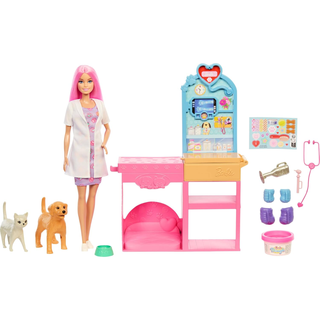 Barbie Fast Cast Veterinarian Clinic Playset with Pink Colored Hair Fashion Doll, Vet Furniture & 10+ Accessories Including Molds & Dough for Bandages , JFX93