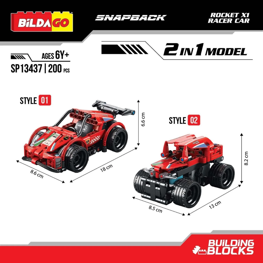 Bildago Snapback Racers - Rocket X1 - Pull back Racer Car (200 Pcs)