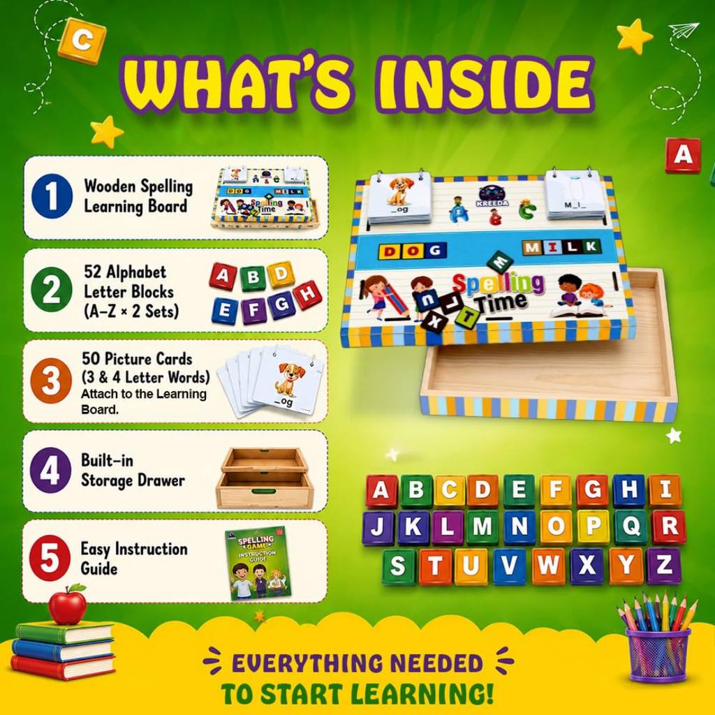 Spelling Game | Educational Board Game | Learning Toy for Kids 3-8 Years | 50 Picture Cards & 52 Alphabet Blocks with Storage Box | Builds Vocabulary | Travel-Friendly Birthday Gift for Kids