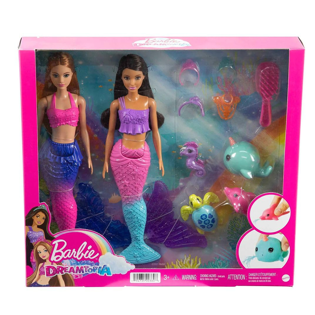 Barbie® Mermaid Set with 2 Brunette Dolls (12-in/30.40-cm), Colorful Mermaid Clothes, 4 Sea Pet Toys, 2 Tiaras, Headband, Necklace & Brush, Toy Gift for Ages 3 Years Old & , HBW89