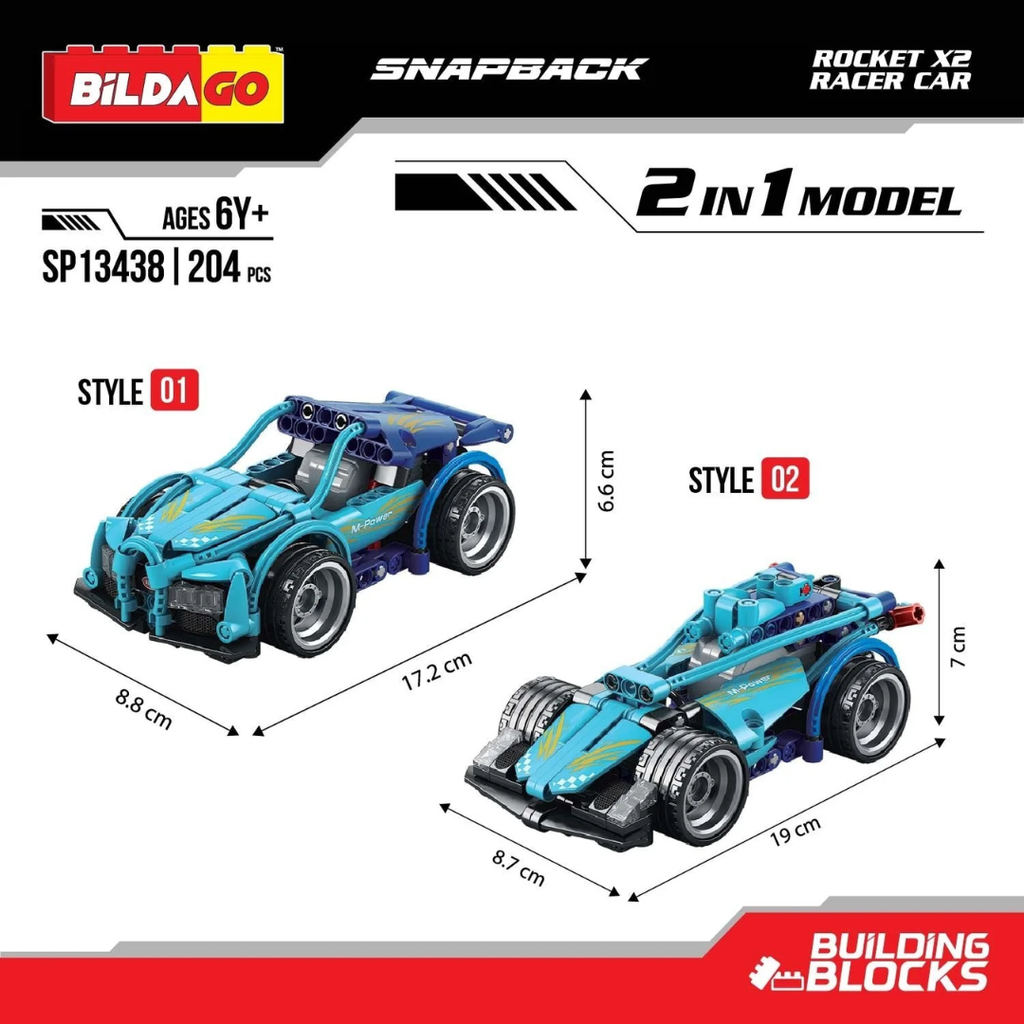 Bildago Snapback Racers - Rocket X2 - Pull back Racer Car (204 Pcs)