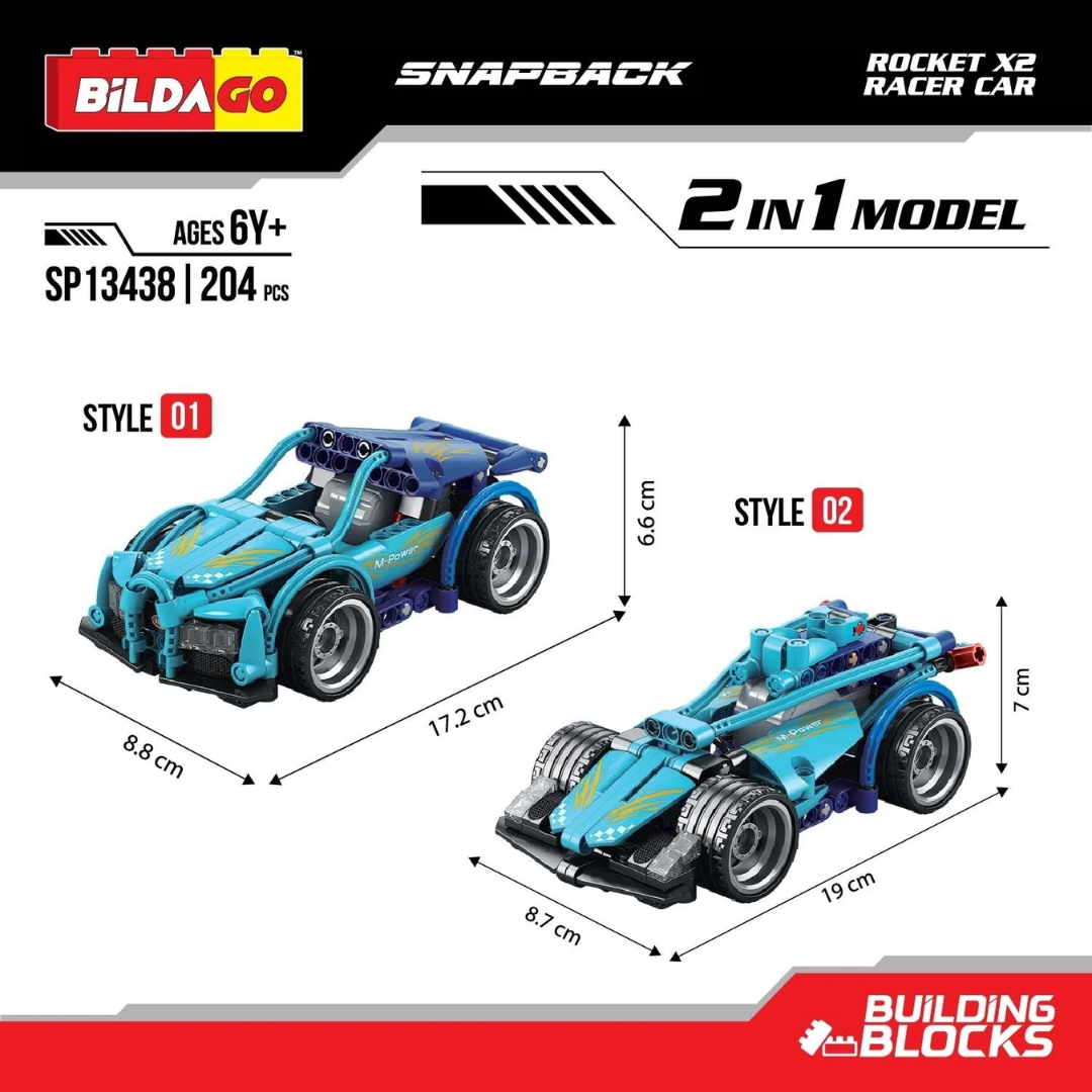 Bildago Snapback Racers - Rocket X2 - Pull back Racer Car (204 Pcs)