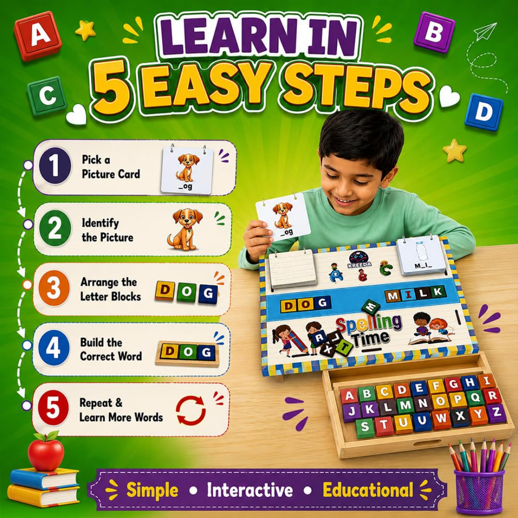 Spelling Game | Educational Board Game | Learning Toy for Kids 3-8 Years | 50 Picture Cards & 52 Alphabet Blocks with Storage Box | Builds Vocabulary | Travel-Friendly Birthday Gift for Kids