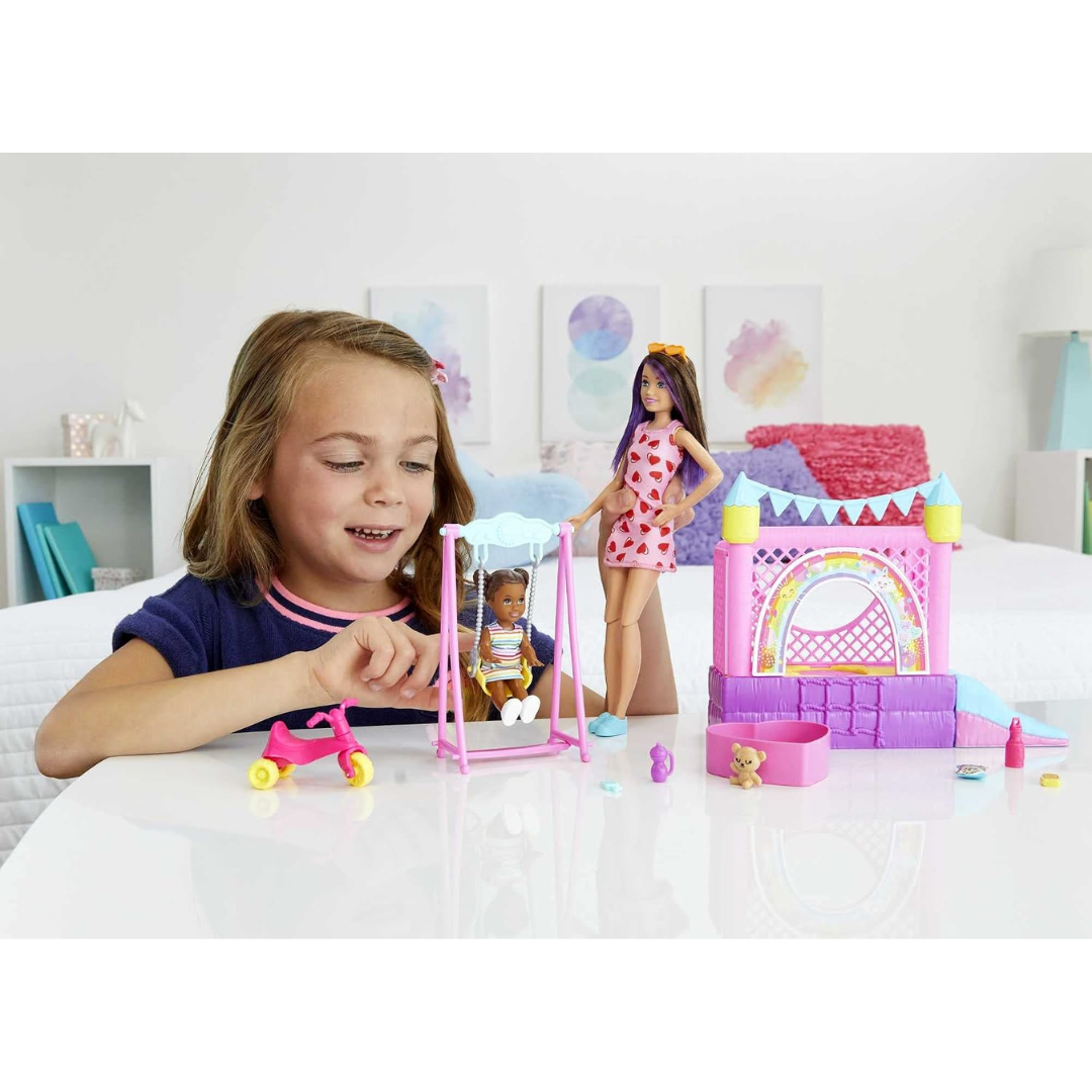Barbie Skipper™ Babysitters Inc.™ Bounce House Playset with Skipper™ Babysitter Doll, Toddler Doll, Swing & Accessories, Toy for 3 Year Olds & Up, HHB67