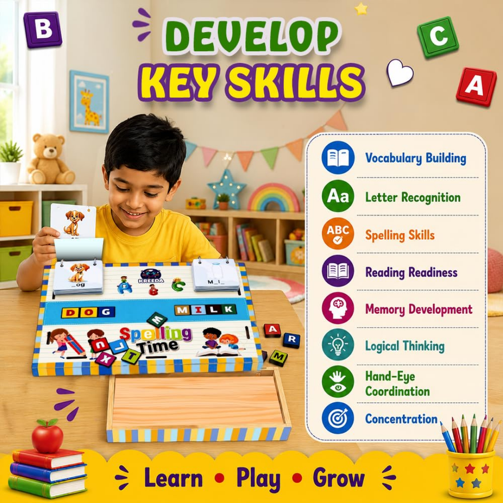 Spelling Game | Educational Board Game | Learning Toy for Kids 3-8 Years | 50 Picture Cards & 52 Alphabet Blocks with Storage Box | Builds Vocabulary | Travel-Friendly Birthday Gift for Kids