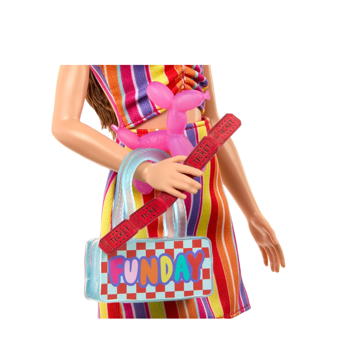 Barbie Day at The Fair Doll & Accessory Set with Camera, Balloon Dog & More, Fashionable Festival-Themed Outfit with Pink Overalls Skirt , Jfl59