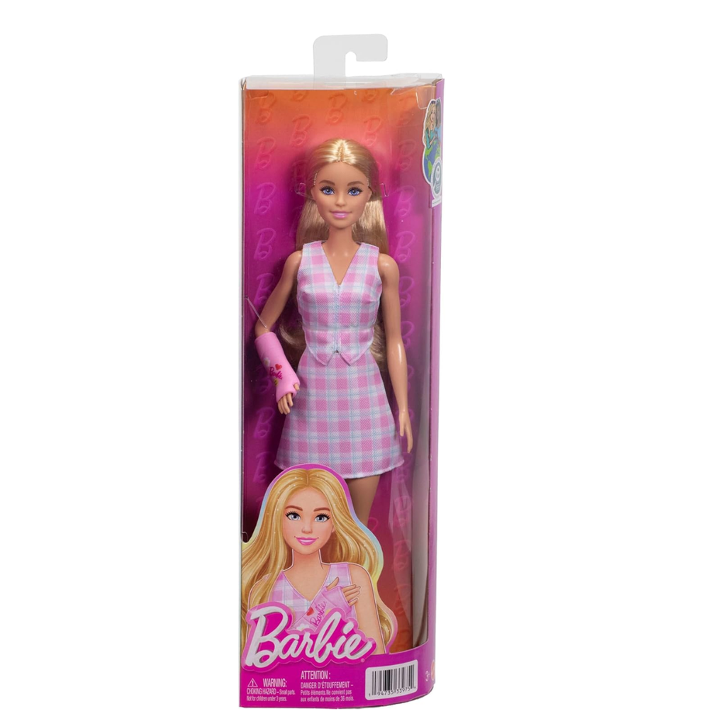 Barbie Fashionistas Doll #243 with Blonde Hair and Plaster Arm Accessories in Pink with a Checked Top and Checked Skirt and Pink Loafers JJN56