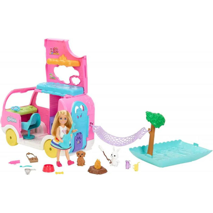 Barbie Chelsea 2-in-1 Camper Playset With Chelsea Small Doll, 2 Pets & 15 Accessories