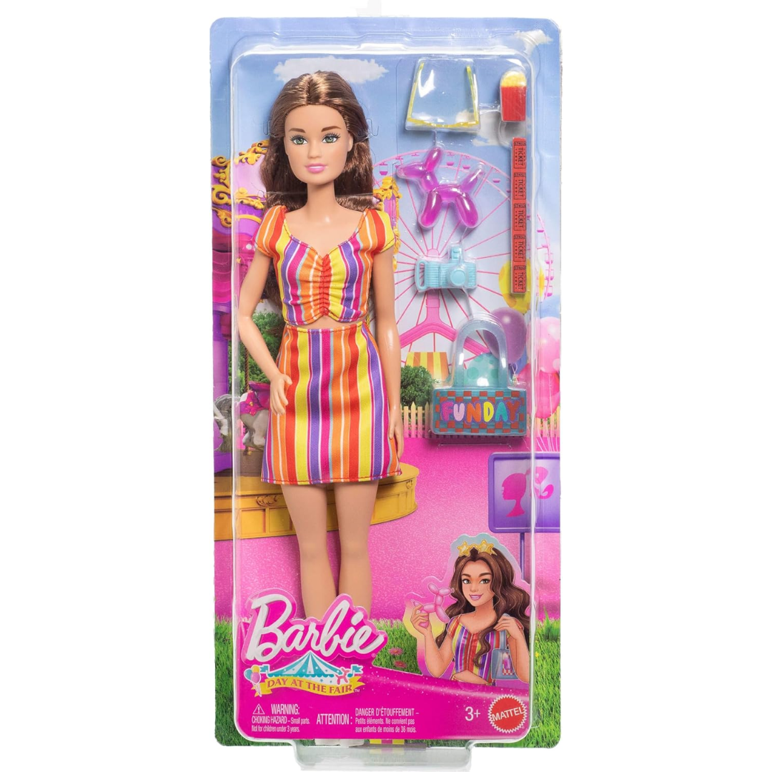 Barbie Day at The Fair Doll & Accessory Set with Camera, Balloon Dog & More, Fashionable Festival-Themed Outfit with Pink Overalls Skirt , Jfl59