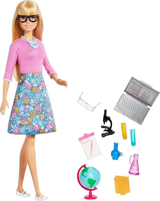 Barbie GJC23 Teacher Doll (Blonde) with Ten Accessories for Teaching, with a Rotating Globe and Folding Laptop
