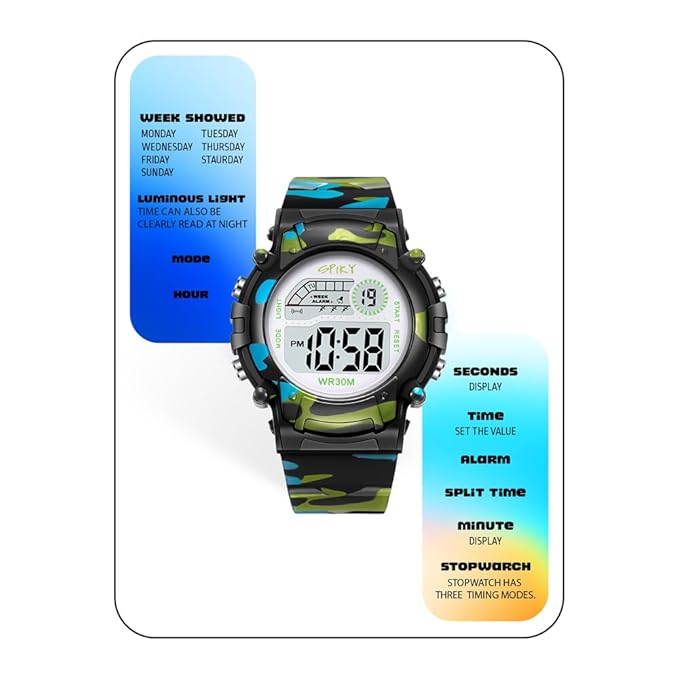 SPIKY Round Digital Sports Watch for Kids | Military, Camouflage Design | Multifunctional & Luminous Display | Water Resistant | Best Birthday Gift Wrist Watches for Boys & Girls | Age 2-14 yrs