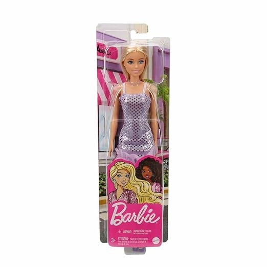 Barbie® Doll, Kids Toys, Blonde Hair, Lavender Metallic Mini Dress, Trendy Clothes and Accessories, Gifts for Kids