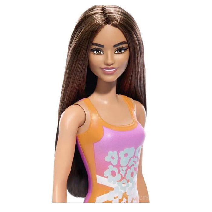 Barbie Beach Doll with Light Brown Hair, Pink and Orange One-Piece Swimsuit with Tropical Print, Pool and Beach Toys