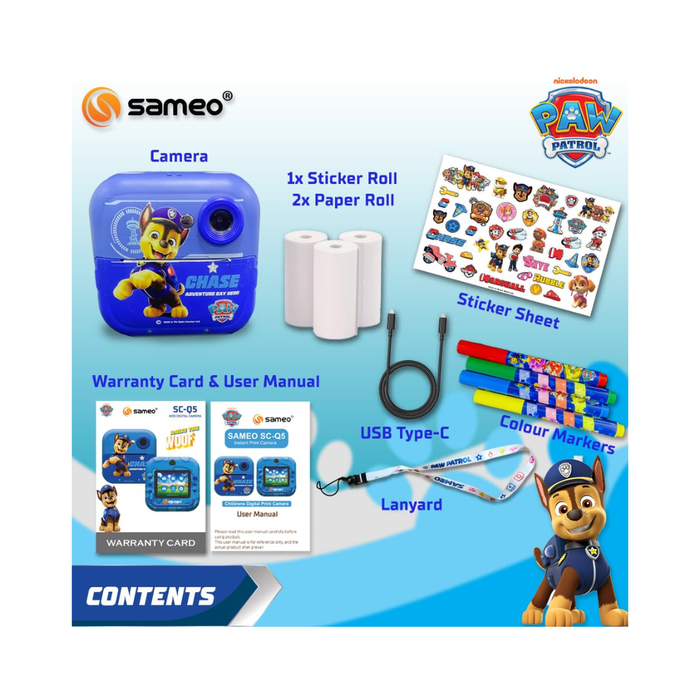 Sameo SC-Q5 Paw Patrol Edition Instant Print Camera for Kids| Ink-Free Thermal Printing | Kids Digital Camera with 2.4” IPS Screen | 32GB Card, Sticker Paper & Pens - Chase Blue