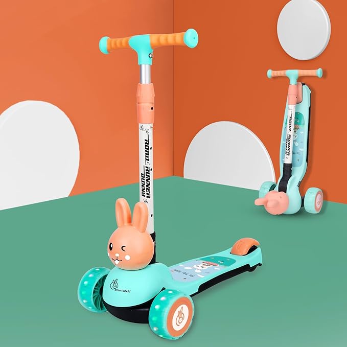 R for Rabbit Road Runner Bunny Kids Scooter, 3 Level Adjustable Height, Smart Fold & PU LED Wheels Kick Scooter with Brake for 3+ Years Kids, Weight Capacity Upto 75kgs (Pink Blue)