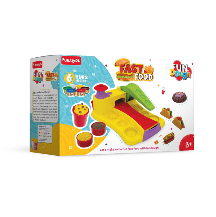 Funskool-Fundough Playset Fast Food, 23 molds to make you won version of pizzas, hot dogs, fries & burgers, food, multicolour, dough, toy, shaping, sculpting, 3 years