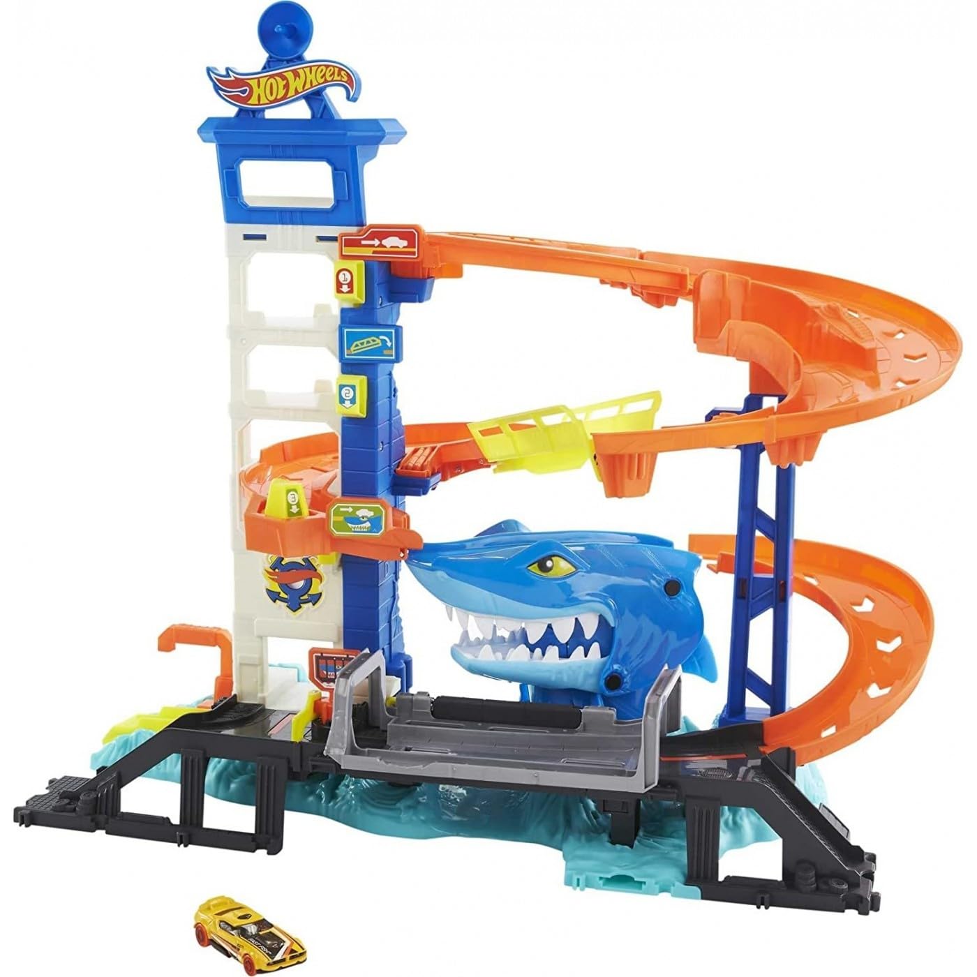 Hot Wheels™ HDP06 Track Set and 1:64 Scale Toy Car, Multi-Level Playset with Shark Nemesis Challenge, City Shark Escape Playset