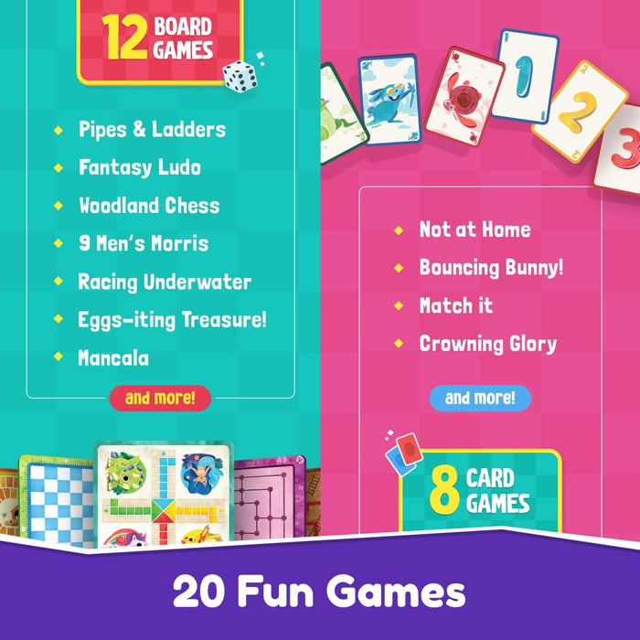 Bloomingo Board and Card Game - Game On! 20 in 1 Board Game - Ludo, Chess, Checkers and More - Educational Learning Toys for Fine Motor Skills and Cognitive Development - Birthday Gift for Kids