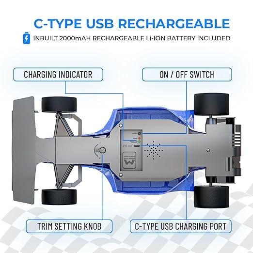 Mirana F1 Super Car | USB Rechargable Type-C | in-Built Bluetooth Speaker | 1:12 Size High-Speed Dual Motor Formula 1 RC Car | Long Range Remote & App Controlled Toy for Kids 4+ 5+ 6+ Years (Blue)