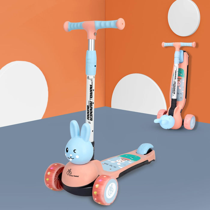 R for Rabbit Road Runner Bunny Kids Scooter, 3 Level Adjustable Height, Smart Fold & PU LED Wheels Kick Scooter with Brake for 3+ Years Kids, Weight Capacity Upto 75kgs (Pink Blue)