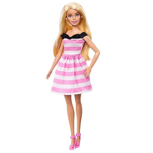 Barbie Doll and Accessories, 65th Anniversary Commemorative Doll with Blonde Hair, Pink and White Striped Dress with Matching Heels