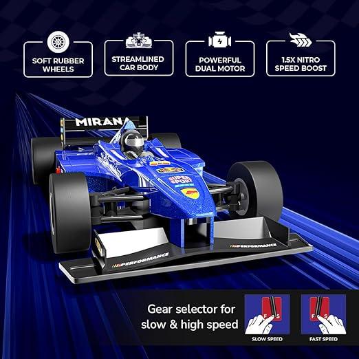 Mirana F1 Super Car | USB Rechargable Type-C | in-Built Bluetooth Speaker | 1:12 Size High-Speed Dual Motor Formula 1 RC Car | Long Range Remote & App Controlled Toy for Kids 4+ 5+ 6+ Years (Blue)