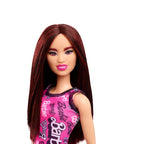 Barbie Fashion Doll with Straight Dark Burgundy Hair Wearing Removable Pink Tank Dress & Shoes with Logo Print