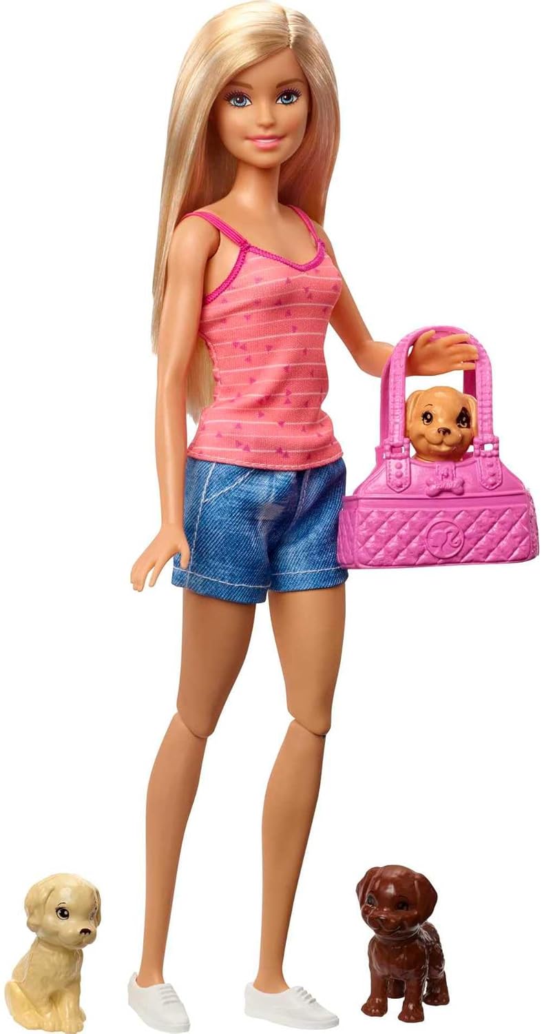 Barbie Doll, Blonde, and Playset with 3 Puppies, Bathtub and Accessories