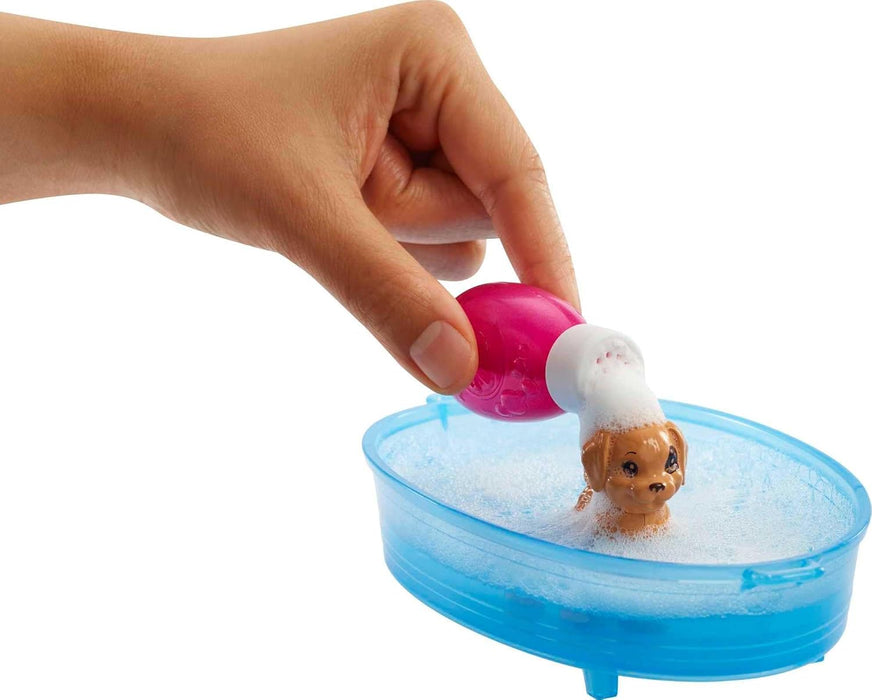 Barbie Doll, Blonde, and Playset with 3 Puppies, Bathtub and Accessories