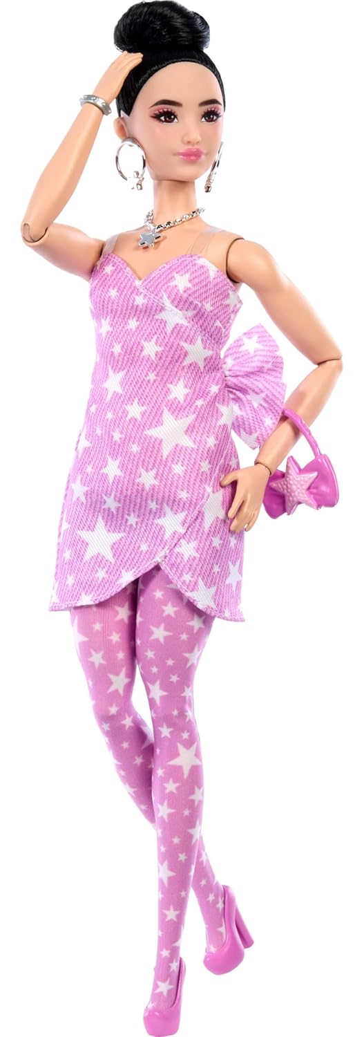 Barbie Deluxe Style Doll #11 in Pink Denim Dress with Printed Stars and Matching Tights Black Hair Tied High Knot JJN71