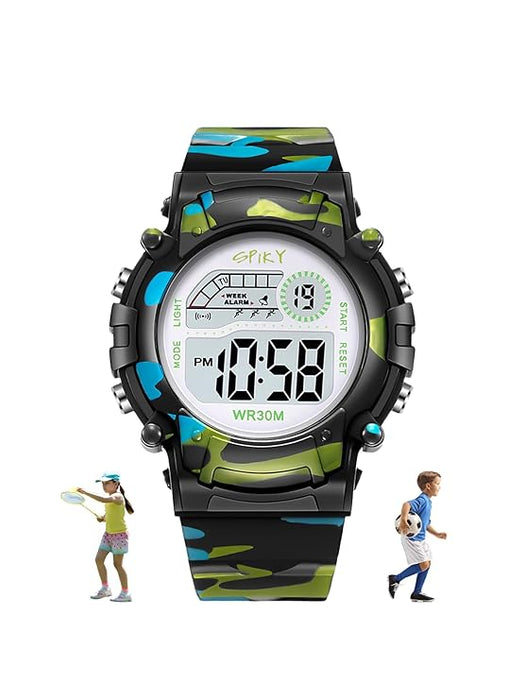 SPIKY Round Digital Sports Watch for Kids | Military, Camouflage Design | Multifunctional & Luminous Display | Water Resistant | Best Birthday Gift Wrist Watches for Boys & Girls | Age 2-14 yrs