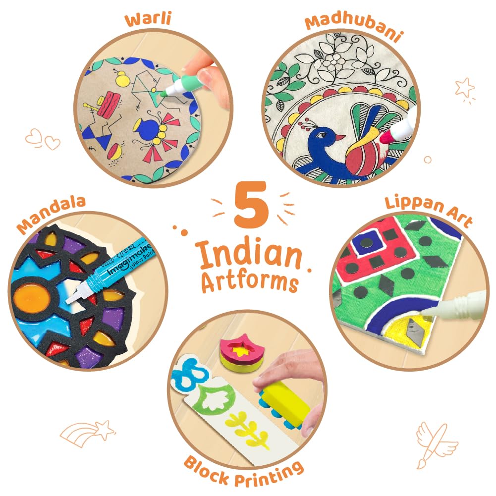 Imagimake Learn Indian Art Forms-Arts and Craft DIY Kit For Kids 8-12, 5 Indian Art Forms-Madhubani, Warli, Lippan, Mandala & Block Printing Arts, Perfect DIY for Girls Kids & Boys multi-color.