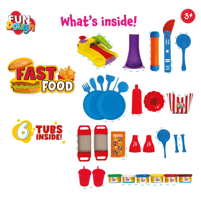 Funskool-Fundough Playset Fast Food, 23 molds to make you won version of pizzas, hot dogs, fries & burgers, food, multicolour, dough, toy, shaping, sculpting, 3 years