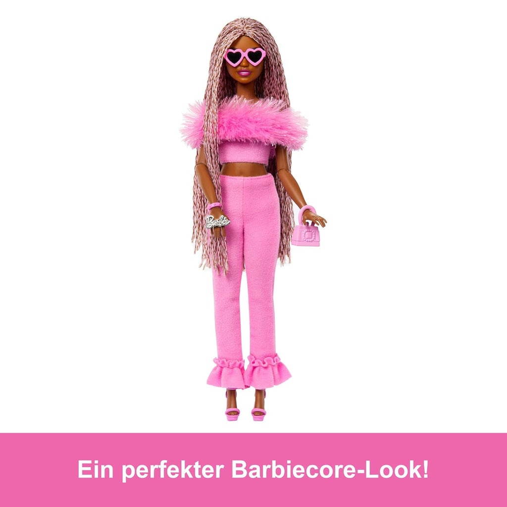 Barbie Deluxe Style Doll #4 in Barbiecore Outfit, Pink and Brown Braids, Soft Pink Top and Pant Set with Furry Collar and Fun Accessories