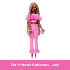Barbie Deluxe Style Doll #4 in Barbiecore Outfit, Pink and Brown Braids, Soft Pink Top and Pant Set with Furry Collar and Fun Accessories