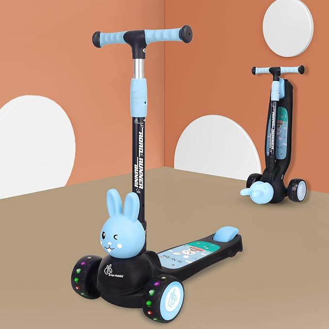 R for Rabbit Road Runner Bunny Kids Scooter, 3 Level Adjustable Height, Smart Fold & PU LED Wheels Kick Scooter with Brake for 3+ Years Kids, Weight Capacity Upto 75kgs (Pink Blue)