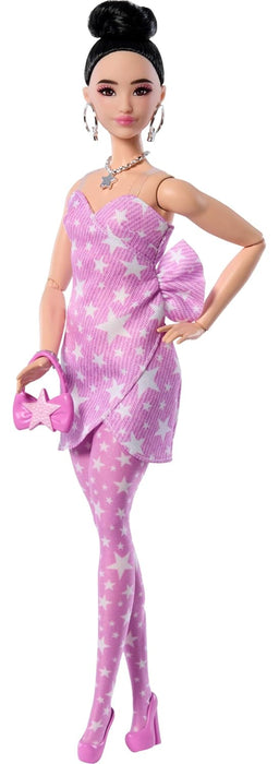 Barbie Deluxe Style Doll #11 in Pink Denim Dress with Printed Stars and Matching Tights Black Hair Tied High Knot JJN71