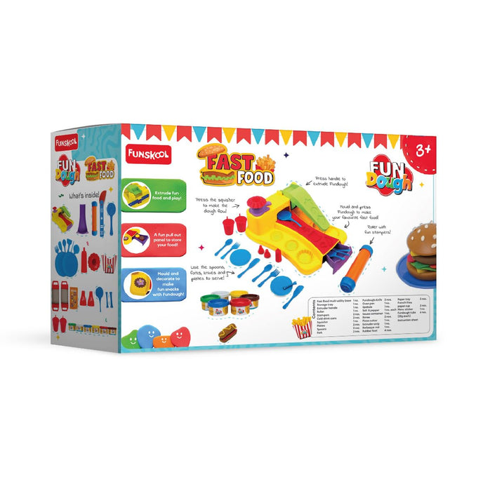 Funskool-Fundough Playset Fast Food, 23 molds to make you won version of pizzas, hot dogs, fries & burgers, food, multicolour, dough, toy, shaping, sculpting, 3 years