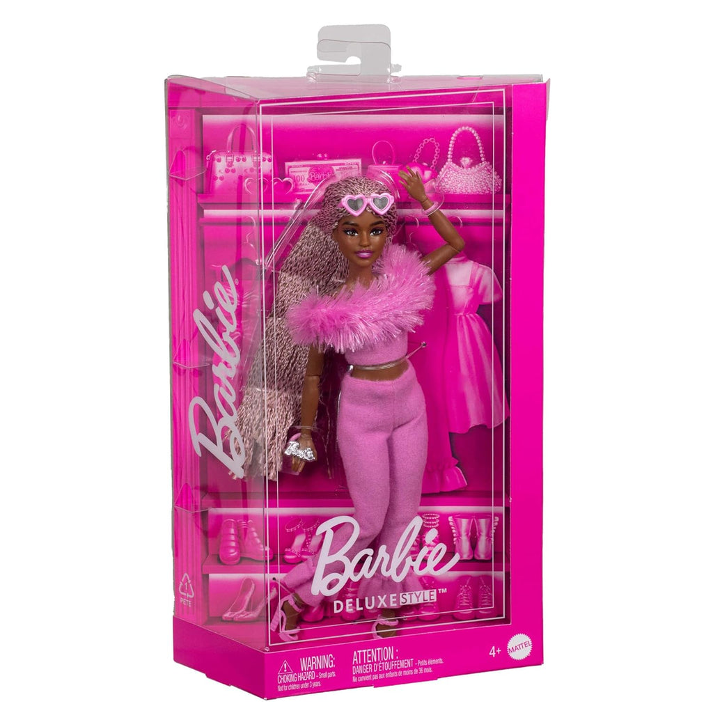Barbie Deluxe Style Doll #4 in Barbiecore Outfit, Pink and Brown Braids, Soft Pink Top and Pant Set with Furry Collar and Fun Accessories