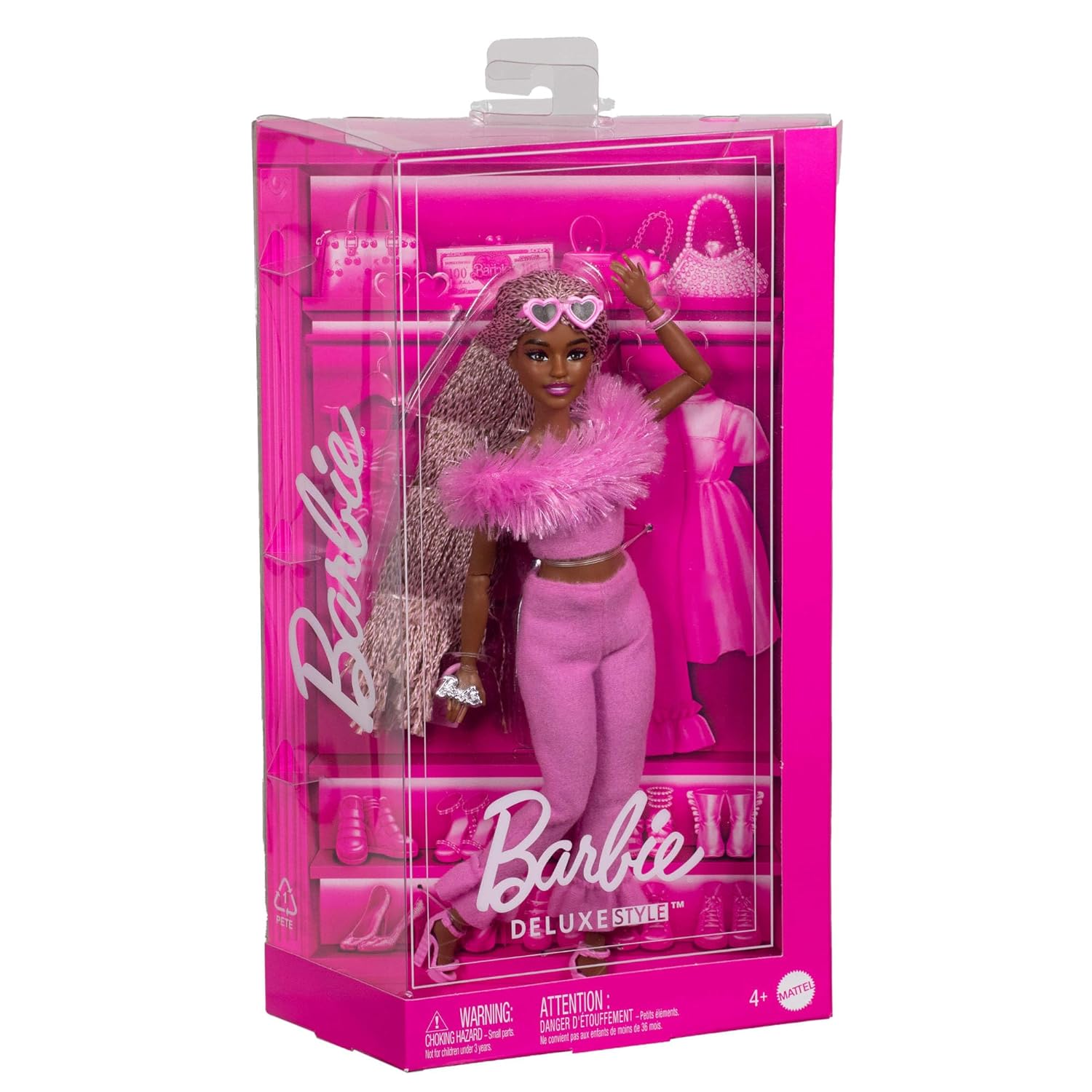 Barbie Deluxe Style Doll #4 in Barbiecore Outfit, Pink and Brown Braids, Soft Pink Top and Pant Set with Furry Collar and Fun Accessories