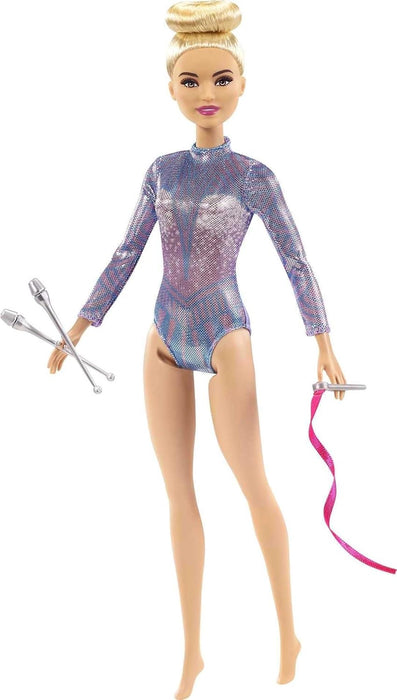 Barbie Rhythmic Gymnast Blonde Doll (12-in/30.40-cm) with Colorful Metallic Leotard, 2 Clubs & Ribbon Accessory, Great Gift for Ages 3 Years Old & Up