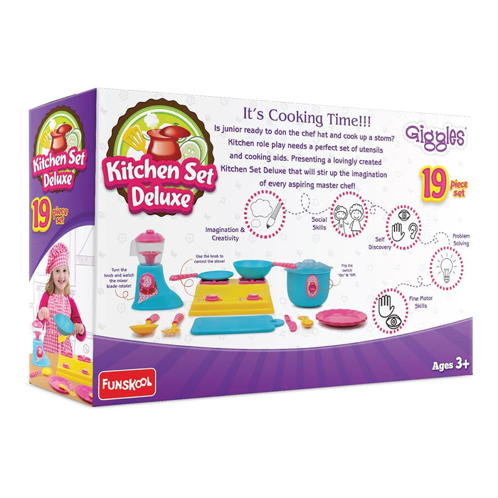 Giggles - Kitchen Set Deluxe, 19 Piece Colourful Pretend and Play Cooking Set, Language and Social Skills,Role Play, 3 Years & Above, Preschool Toys