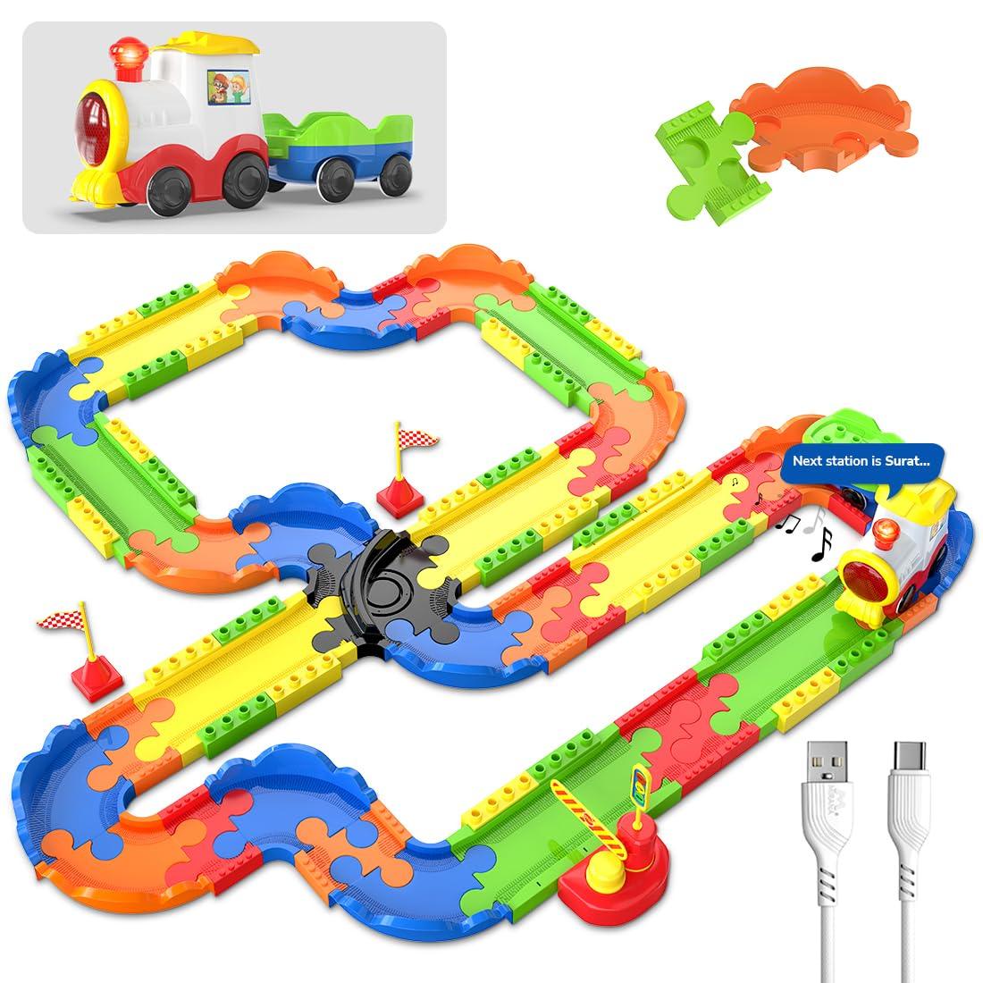 Mirana Block Rider Toy Train Set with Colorful & Multiple Track Layout, USB Rechargeable Type-C Engine, Various Sound Modes - Vande Bharat, Rajdhani, Delhi Metro, Kids 2-8 Years (Medium - 82 Pcs)