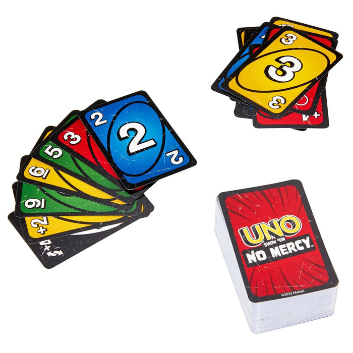 Mattel Games UNO Show ‘em No Mercy Card Game for Kids, Adults & Family Parties and Travel with Extra Cards, Special Rules and Tougher Penalties.