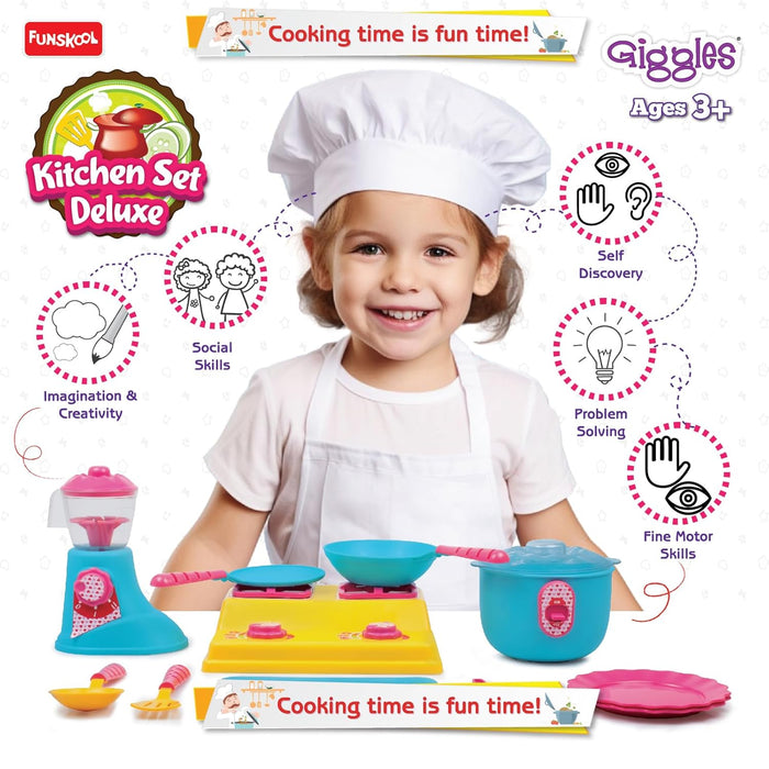 Giggles - Kitchen Set Deluxe, 19 Piece Colourful Pretend and Play Cooking Set, Language and Social Skills,Role Play, 3 Years & Above, Preschool Toys