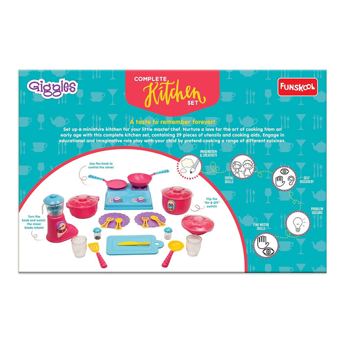 Giggles Funskool - Plastic, Complete Kitchen Set, 29 Piece Colourful Pretend and Play Cooking Set, Language and Social Skills, Role Play, for 3 Years & Above, Preschool Toys