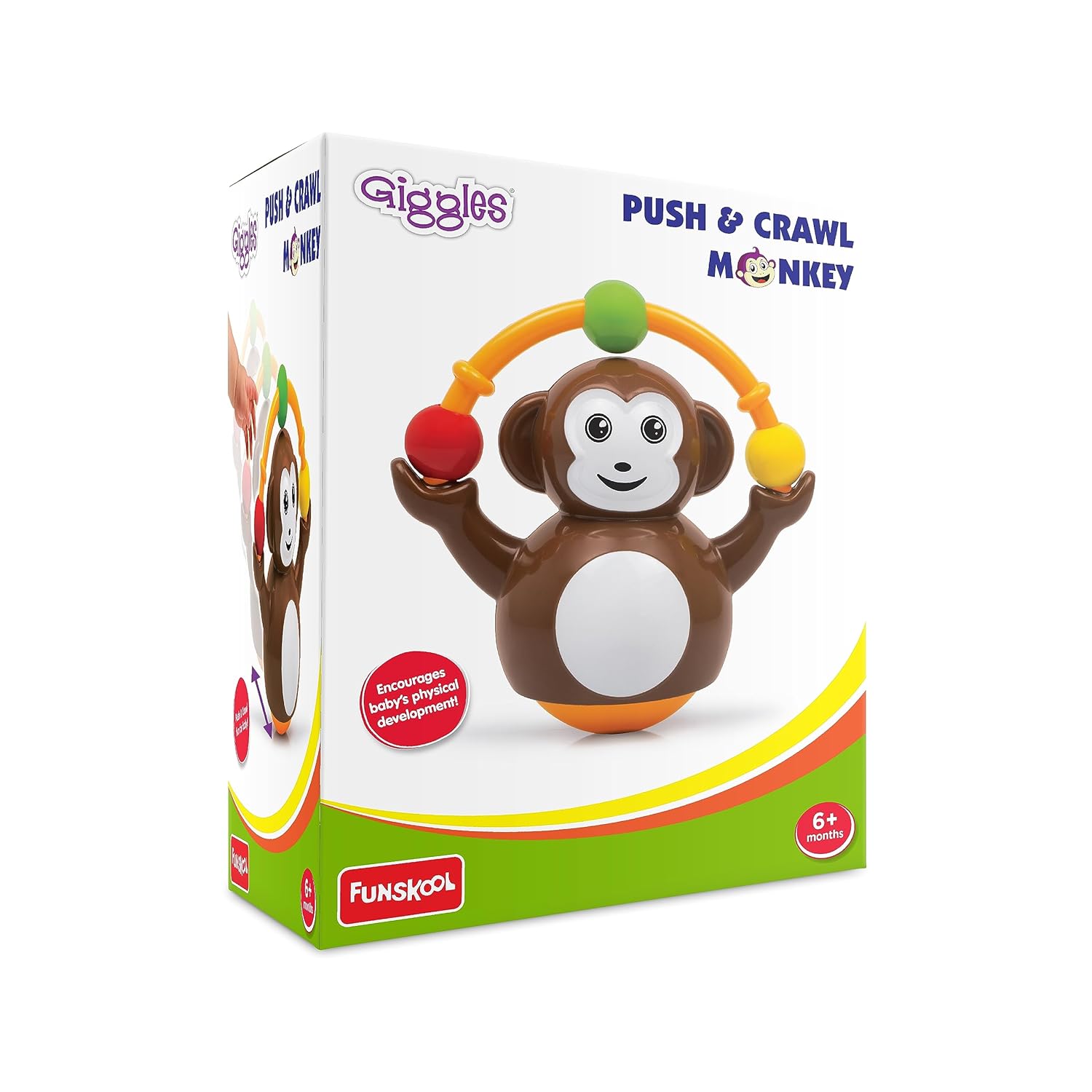 Funskool Giggles - Push N Crawl Monkey, Monkey Toy, Toys for kids, Crawling baby toy, Tummy Time Activity Toy, Push & Crawl , 6 Months & Above, Multicolor