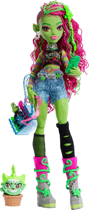 Monster High Venus McFlytrap Doll, Plant Monster with Pet Cat Chewlian & Accessories Like Backpack, Notebook, Snacks & More